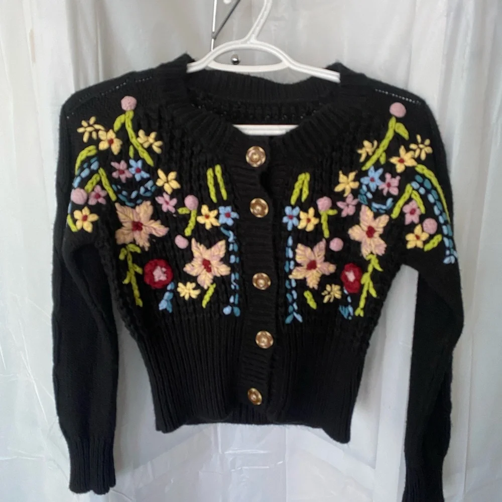 Floral Embroidered Black Sweater - Picture 1 of 10